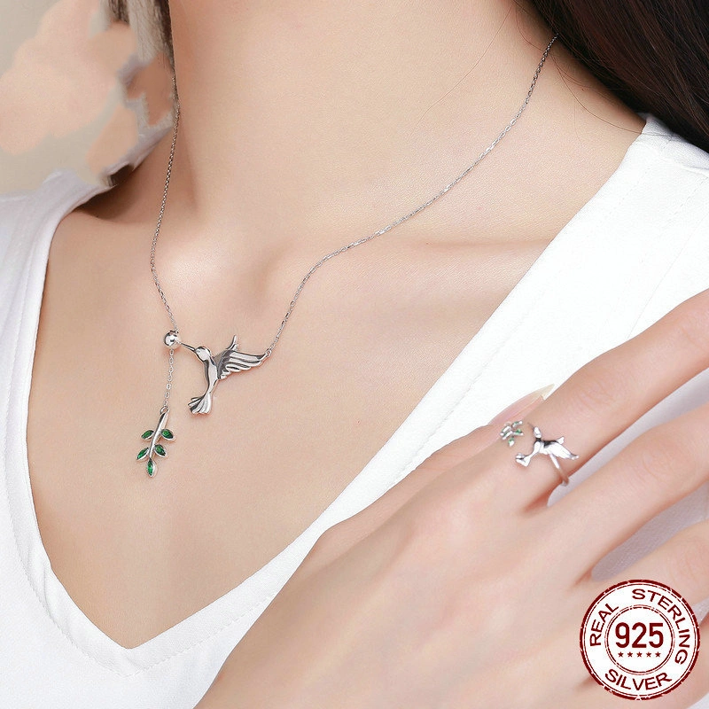 Hummingbird's Greetings S925 Sterling Silver Necklace And Ring Set