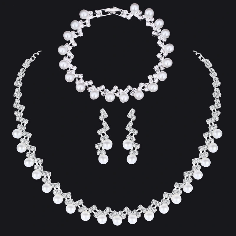 Shiny Rhinestone Pearl Earrings Necklace Bracelet Set