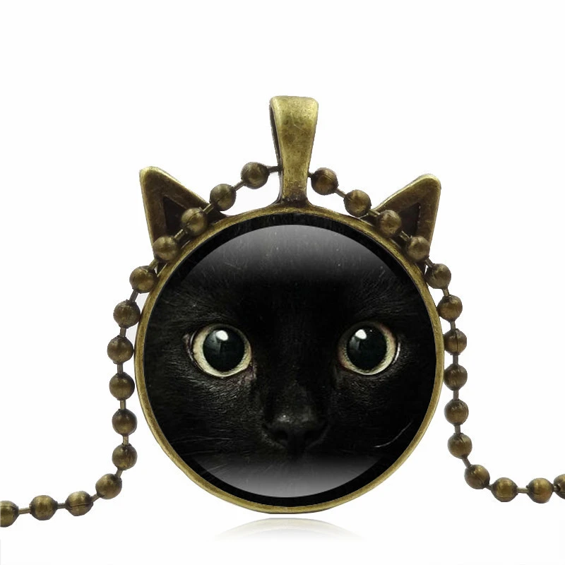 Black Cat Face Time Gemstone Necklace Cat Ear Pendant