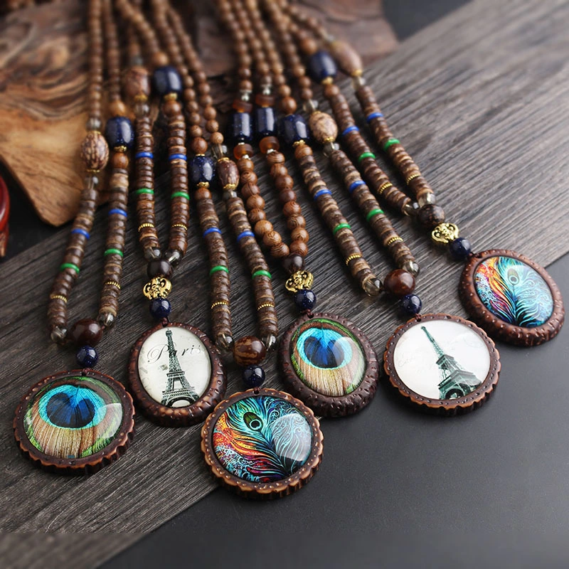 Wooden Bead Decoration Necklace Creative Peacock Feather Pendant