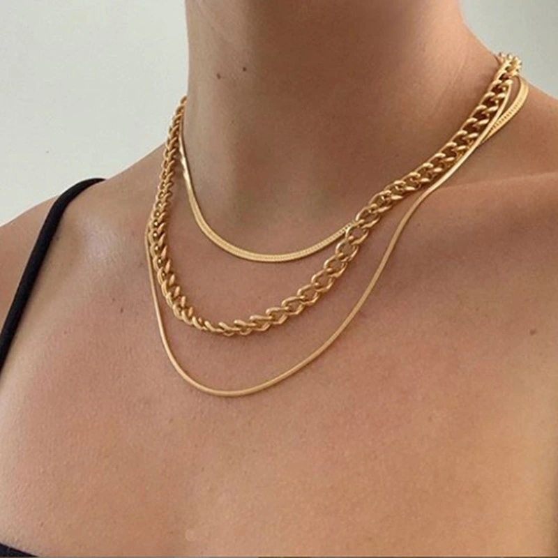 Multi-Layer Thick Chain Stacking Necklace Personality Three-Layer Clavicle Chain