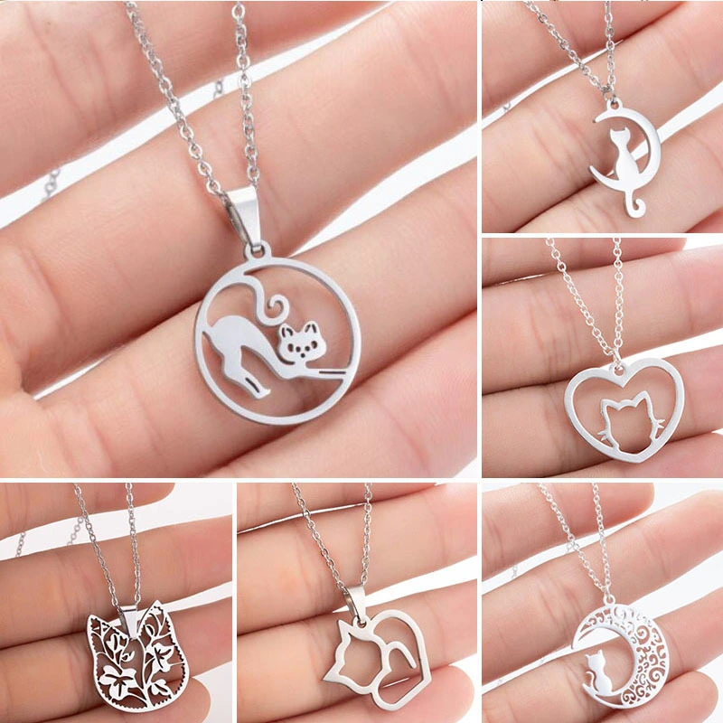 Hollow Moon Cat Stainless Steel Necklace Women Fashion Heart Shaped Moon Necklace