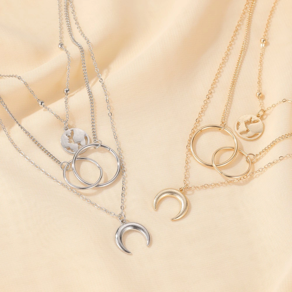 Fashion Multilayer Metal Map Moon Three Layers Long Ring Pendant Necklace