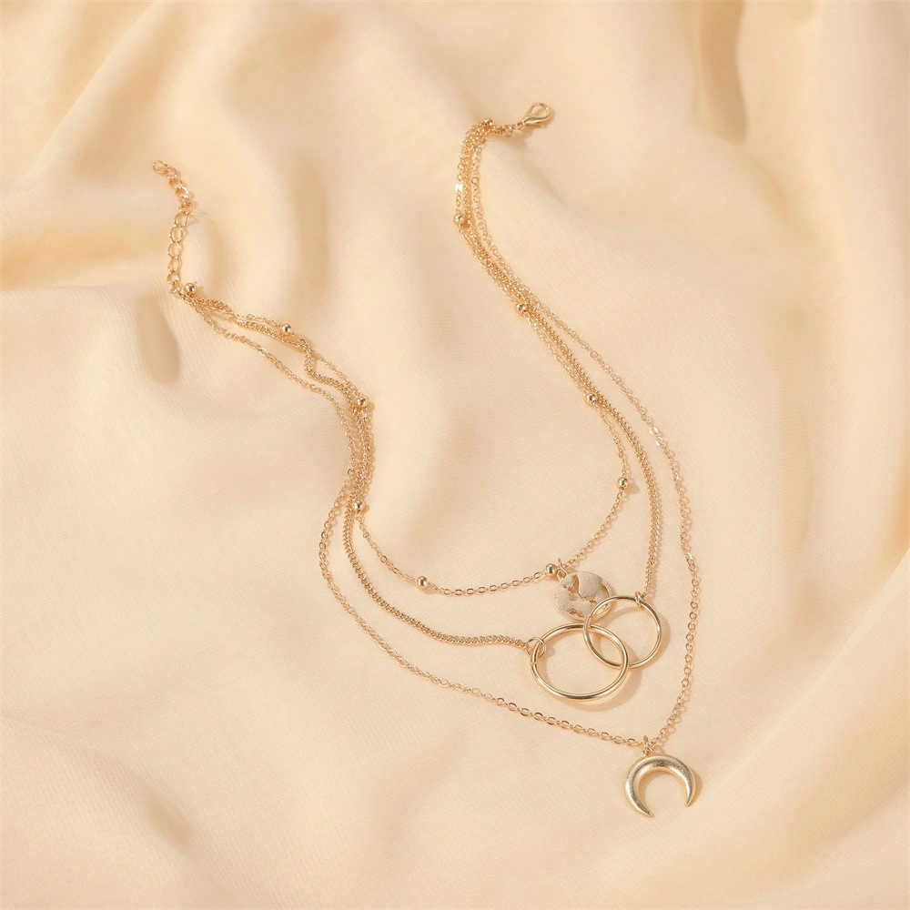 Fashion Multilayer Metal Map Moon Three Layers Long Ring Pendant Necklace