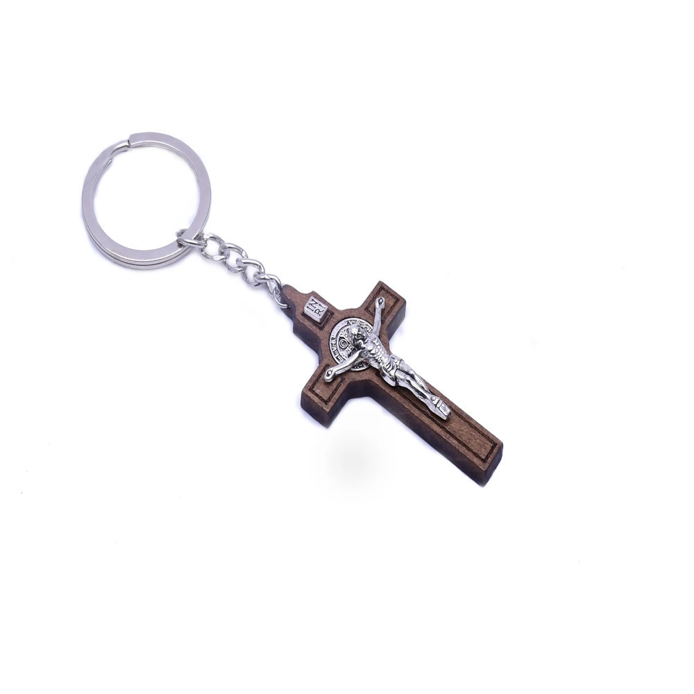 Wooden Saint Benedict Keychain Pendant