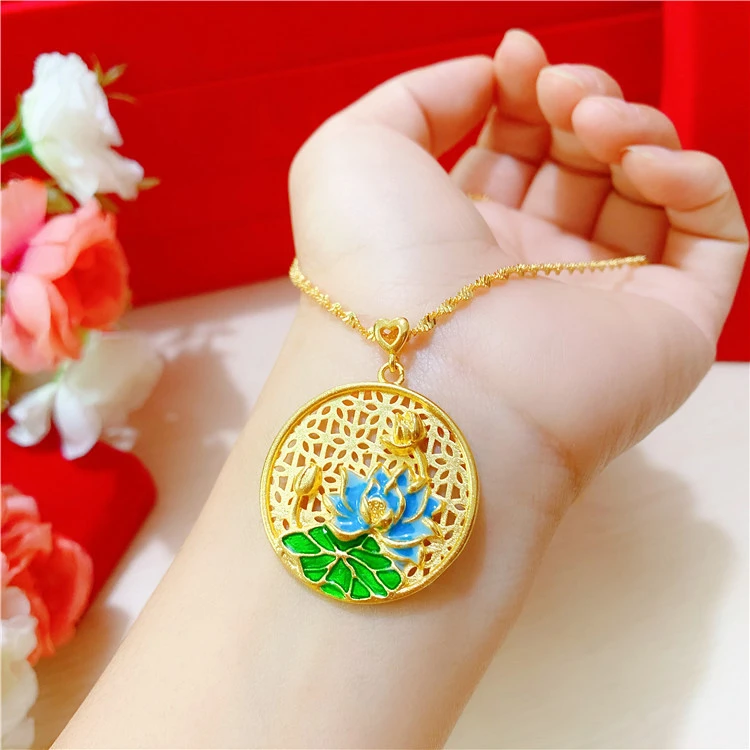 Flower Good Moon Round Gold-plated Necklace Sand Gold