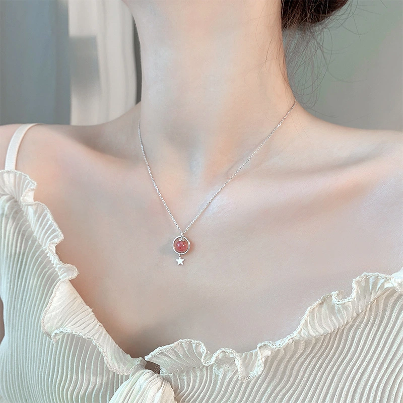 S925 Silver Strawberry Crystal Star Necklace Simple Personality Design Sensational Moonstone Student Clavicle Chain Korean Version