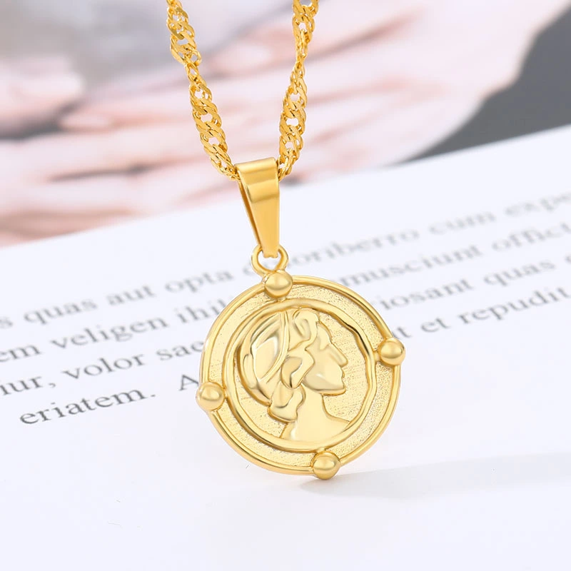 Stainless Steel Portrait Necklace Coin Pendant 18K Gold