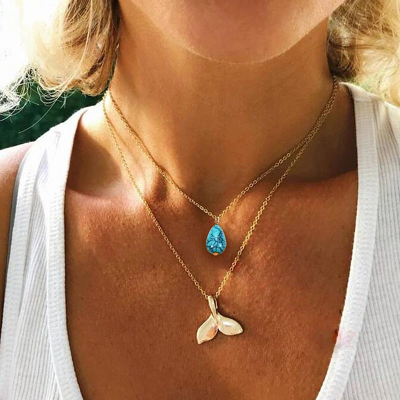 Water Drop Turquoise Beach Alloy Fishtail Clavicle Chain