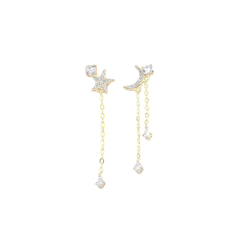 S925 Sterling Silver Korean Version of Diamond-studded Zircon Stars and Moon Asymmetrical Earrings Light Luxury Style Tassel Earrings