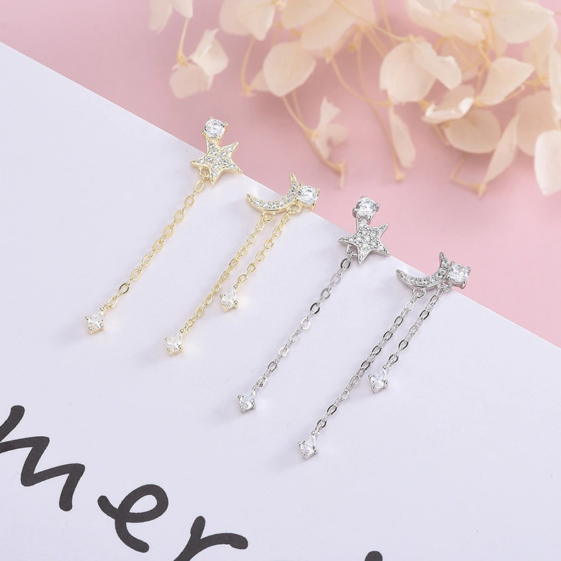 S925 Sterling Silver Korean Version of Diamond-studded Zircon Stars and Moon Asymmetrical Earrings Light Luxury Style Tassel Earrings