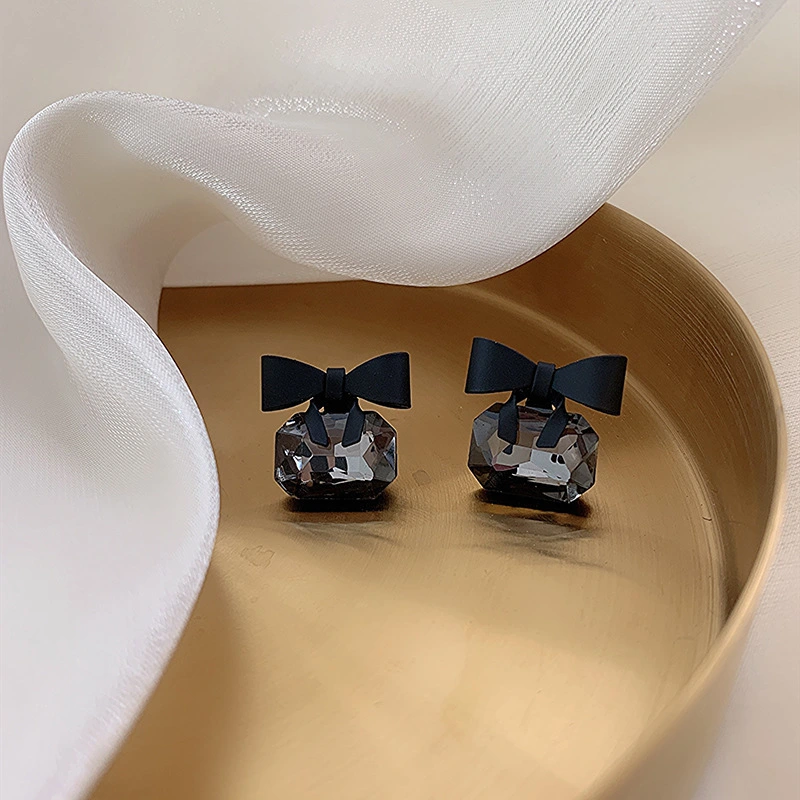 Simple Black Bow Earrings Temperament S925 Silver Needle Earrings