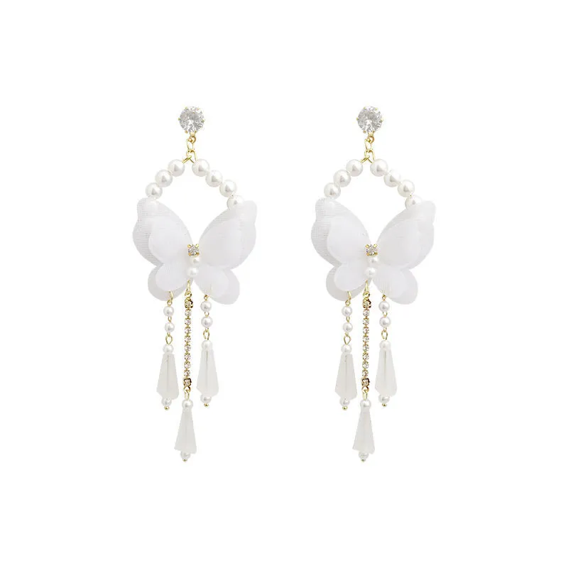 Silver Needle Super Fairy White Butterfly Earrings Temperament Long Tassel Pendant Wild Stud Earrings Women