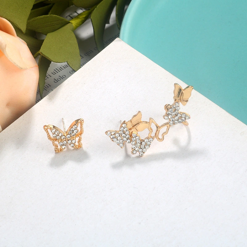 Retro Personality Alloy Diamond Asymmetric Butterfly Earrings