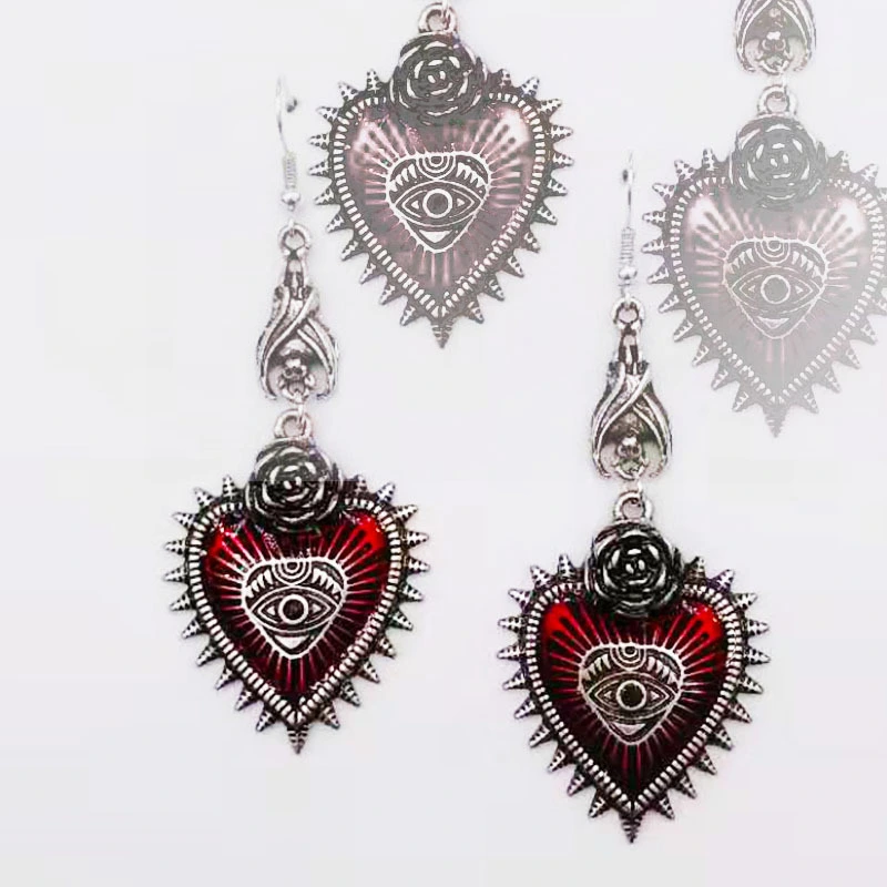 Punk Wind Wild Rose Flower Heart-Shaped Bloody Eyes Drop Oil Bat Earrings Nails