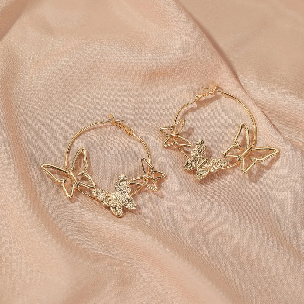 Earrings Retro Exaggeration Three Butterfly Earrings Femininity Hollow Out Three Butterfly Earrings Ear Buckle