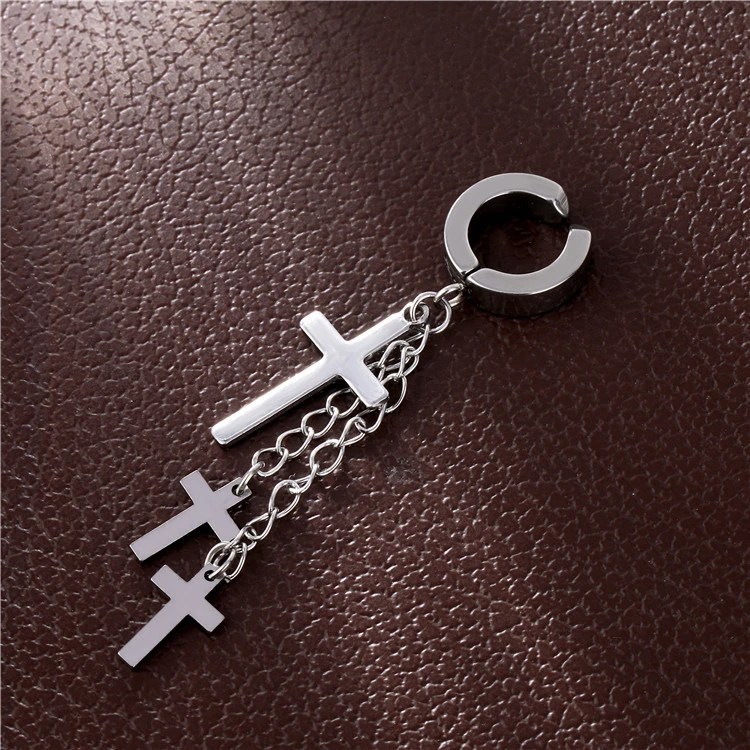 European And American Personality Titanium Steel Three Cross Ear Clip Earrings Chain Tassel Cross Ear Clip Earrings