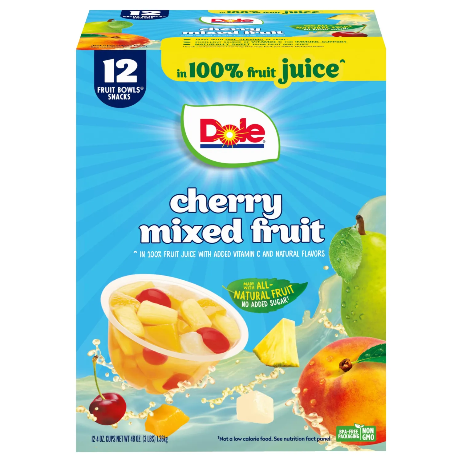 Dole Cherry Mixed Fruit in 100% Juice^ - Dole Fruit Bowls Snacks - 4 oz Fruit Bowls - 12 Pack
