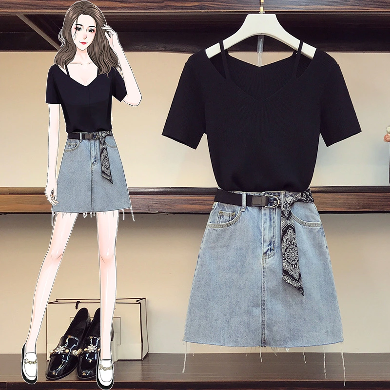Ice Silk Knit Short-sleeved Top Denim Skirt Suit