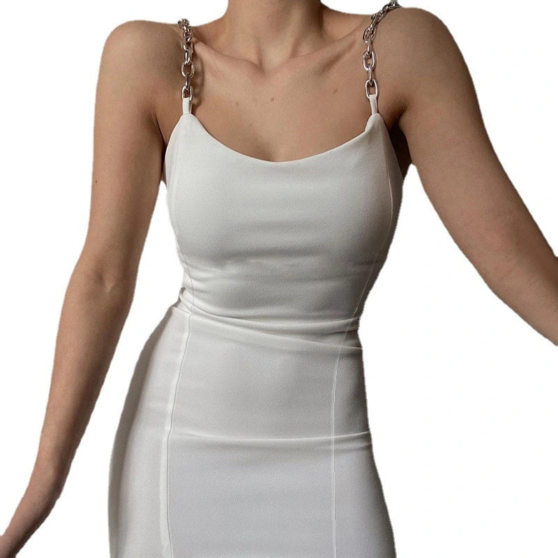 Summer New Solid Color Split Bag Hip Slim U-neck Chain Basic Dress Female