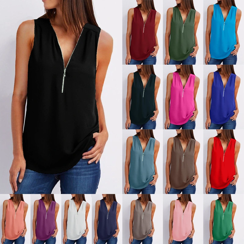 Zip Sleeveless Loose Chiffon Shirt Back