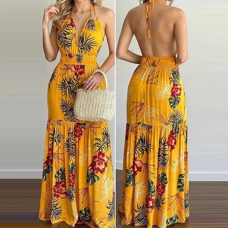 New European And American Halterneck Halter Print Holiday Style Long Skirt Dress Women