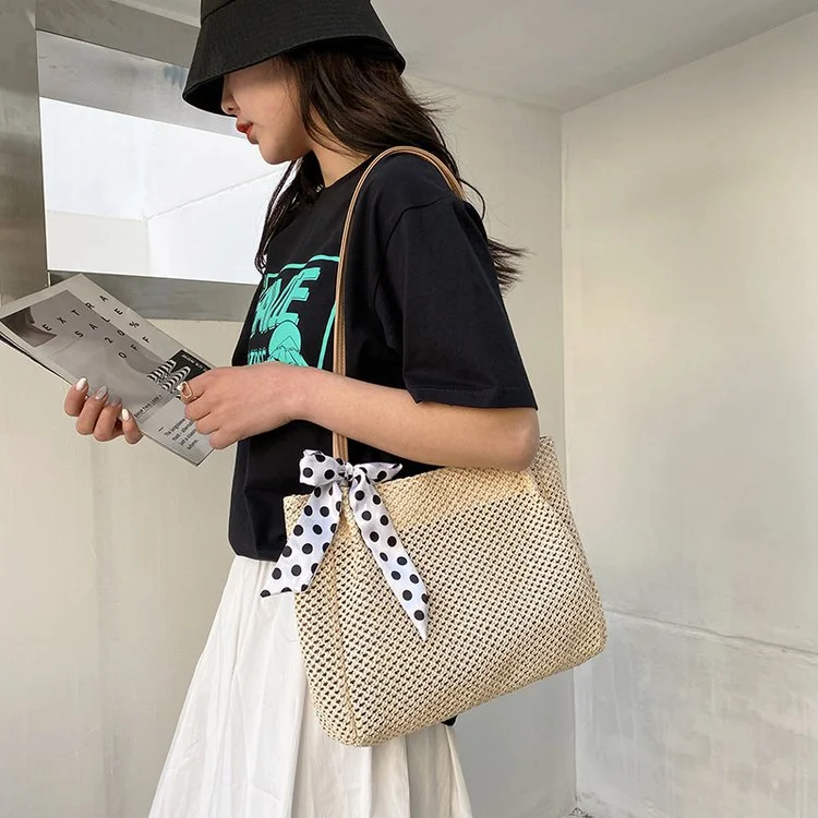 Korean Style Simple One-Shoulder Messenger Fashion Silk Scarf Straw Bag