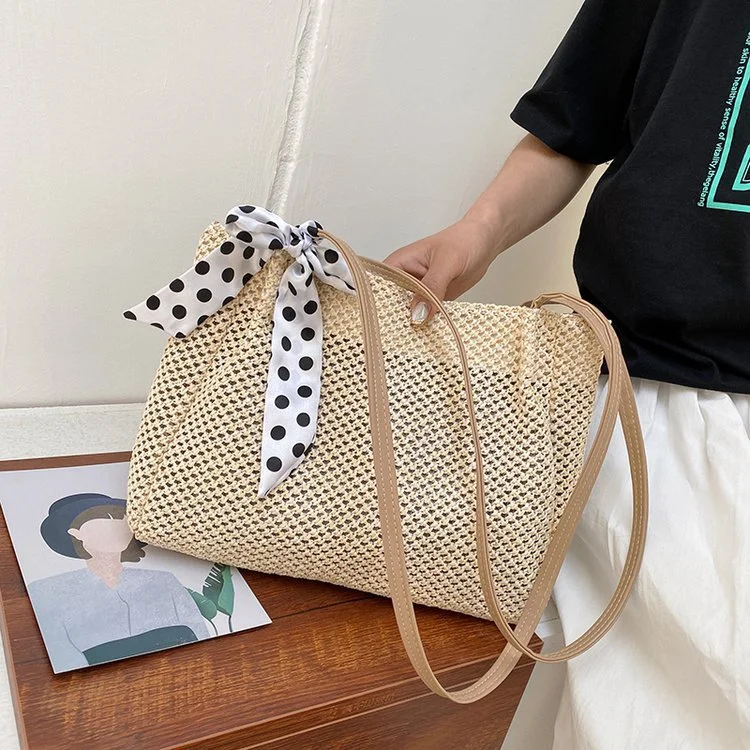 Korean Style Simple One-Shoulder Messenger Fashion Silk Scarf Straw Bag
