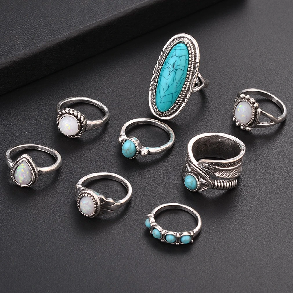 Geometrical Leaf Gemstone Eight-piece Ring