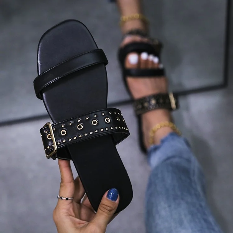  Summer Metal Decoration Slides Square Heel Non-slip Sandals Slippers