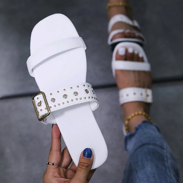  Summer Metal Decoration Slides Square Heel Non-slip Sandals Slippers