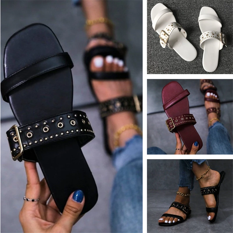  Summer Metal Decoration Slides Square Heel Non-slip Sandals Slippers