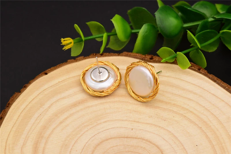 Natural Baroque Button Pearl Stud Earrings