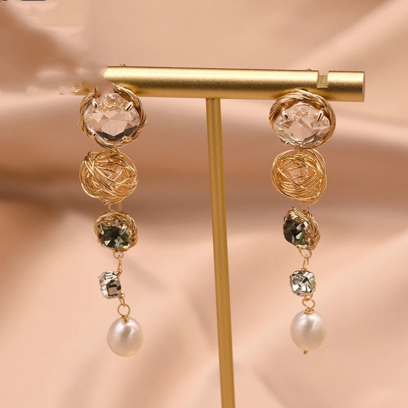 Natural Pearl Long Earrings Korea Temperament Fashion Simple Hand-wound Popular Earrings