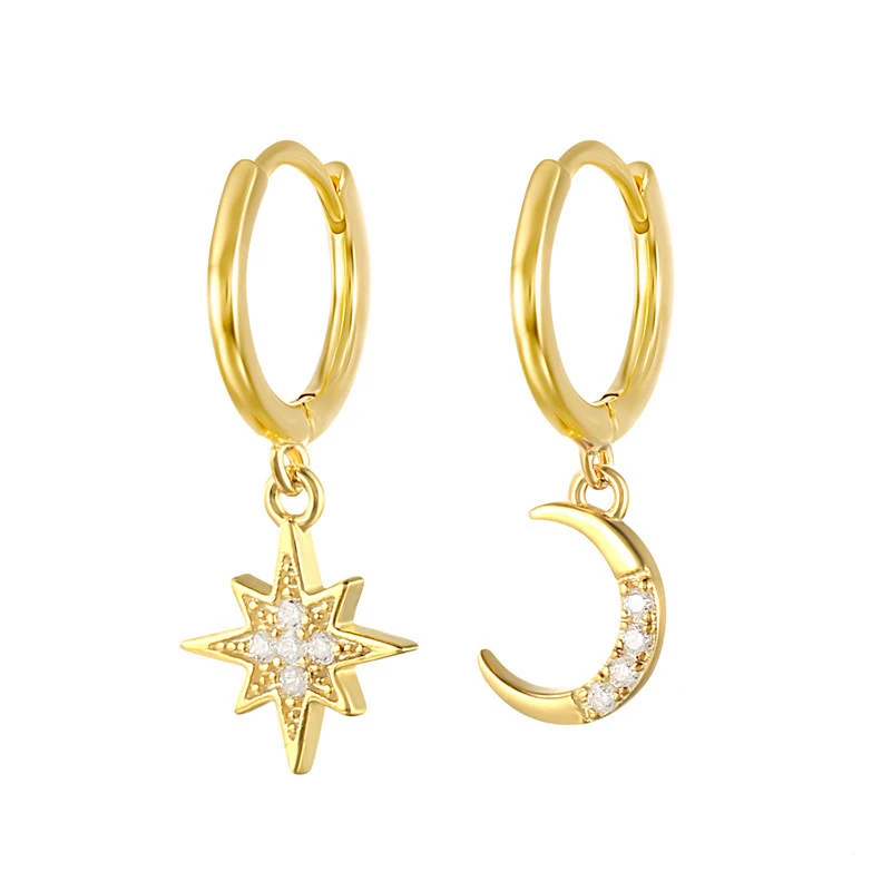 S925 Sterling Silver Star And Moon Asymmetrical Ears