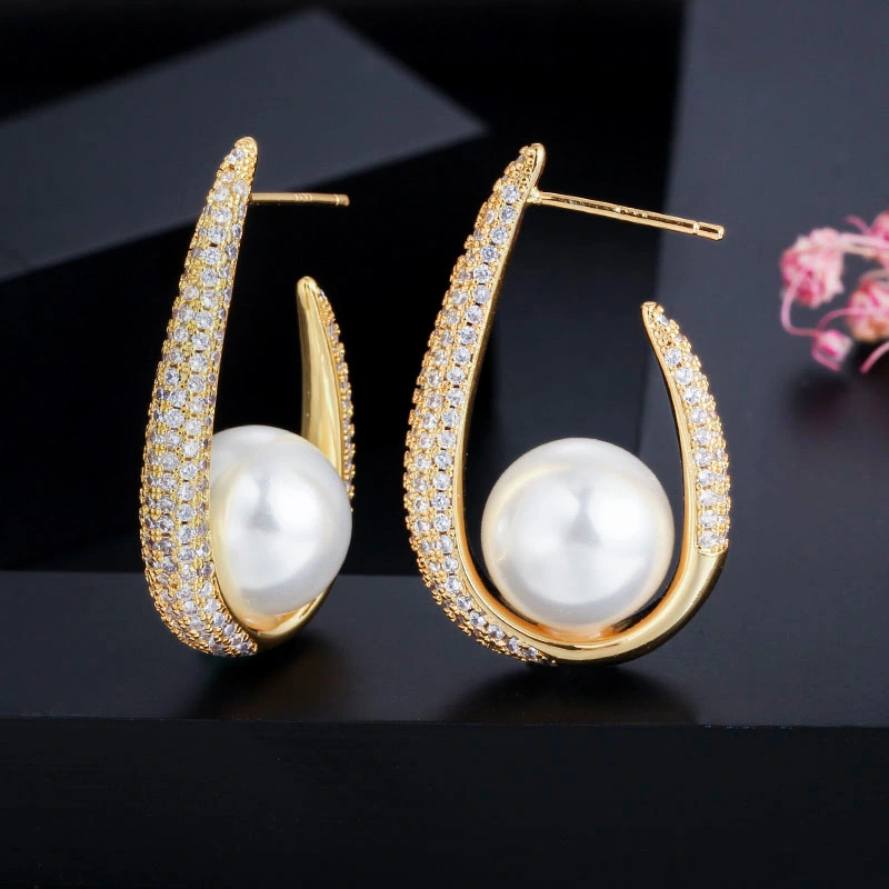 Real Gold Micro-inlaid Zircon Pearl Earrings