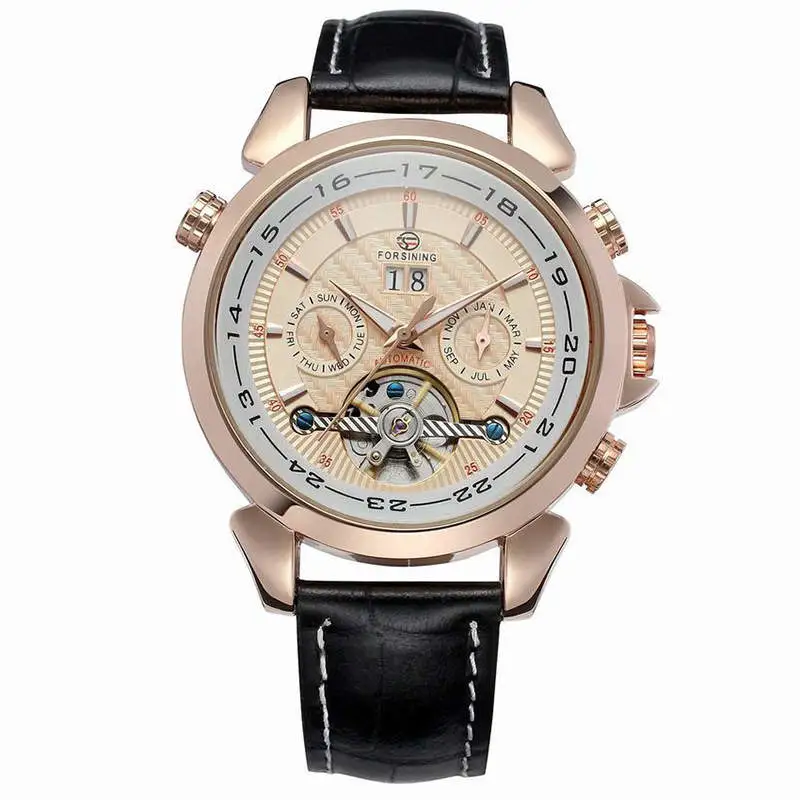  Complete Calendar watch Luxury Tourbillion Design Genuine Leather Top Brand  Automatic Mechanical Men Watches