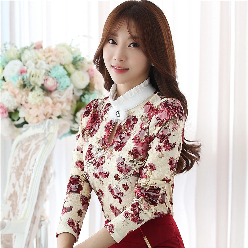 Autumn And Winter Print Tops Korean Style Trendy Women'S Ruffled Slim Bottoming Shirt Long-Sleeved Plus Velvet Thick Lace Shirt Women
