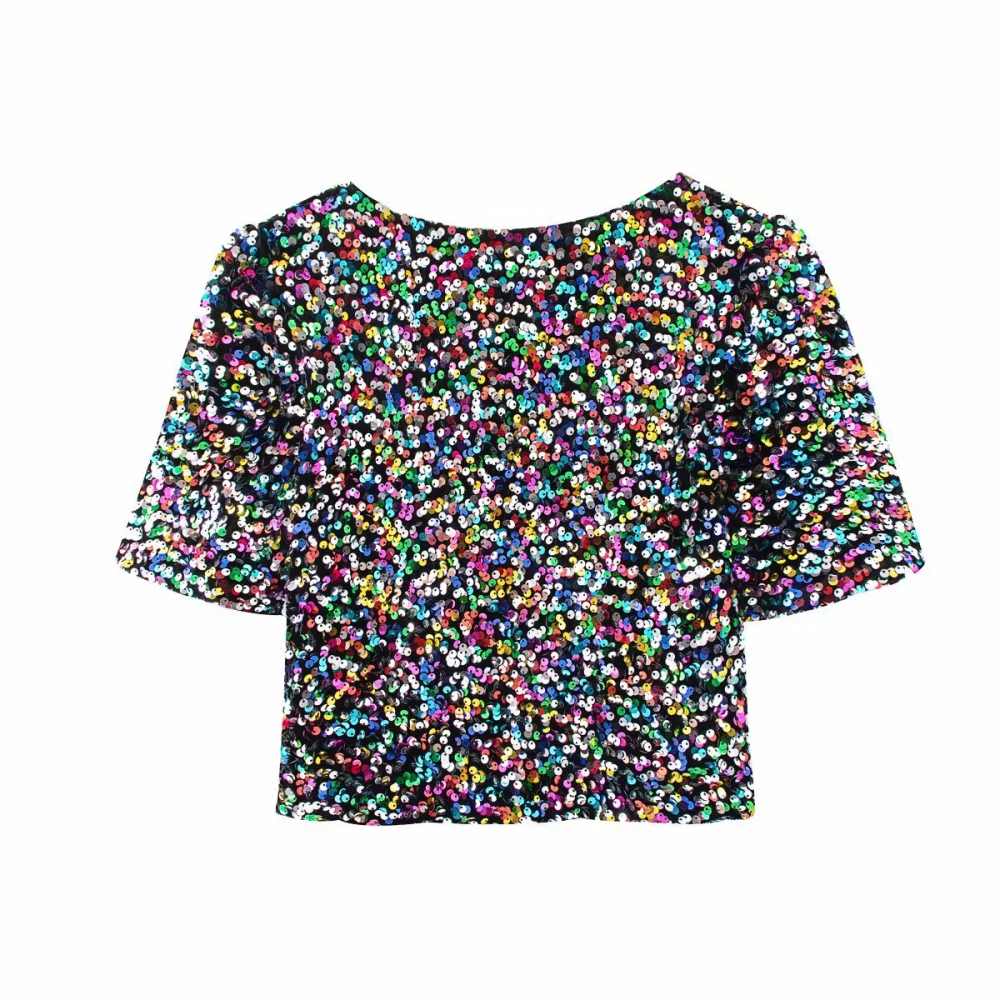 New V-neck Short-sleeved Sequined Short T-shirt Top Short-sleeved Slim Short