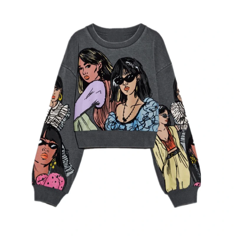 Women'S Casual Girl Printing Stitching Loose Round Neck Sweater