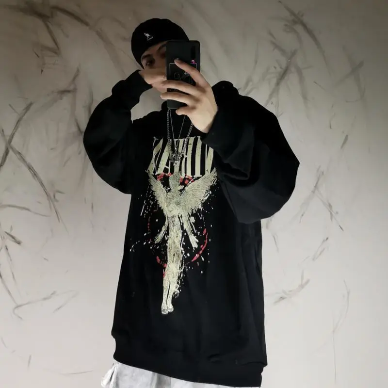 Black Angel Tops Streetwear Funny Autumn Hoodie Male Harajuku Pullover Sweatshirts Korean Hoody Fashion Oversized Punk Hoodie