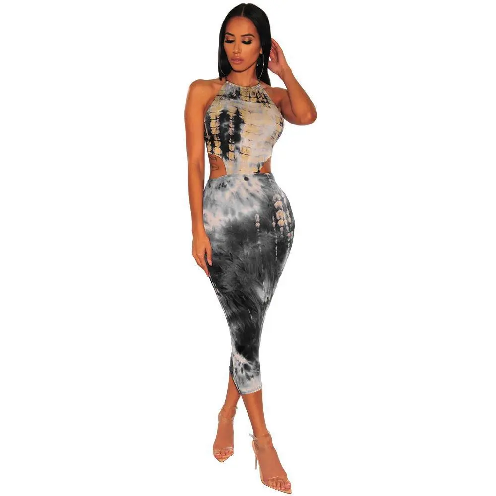 Colorful Tie Dye Elegant Bandage Dress For Women Spaghetti Strap Backless Party Dress Summer Waist Band Cut Out Bodycon Sundress
