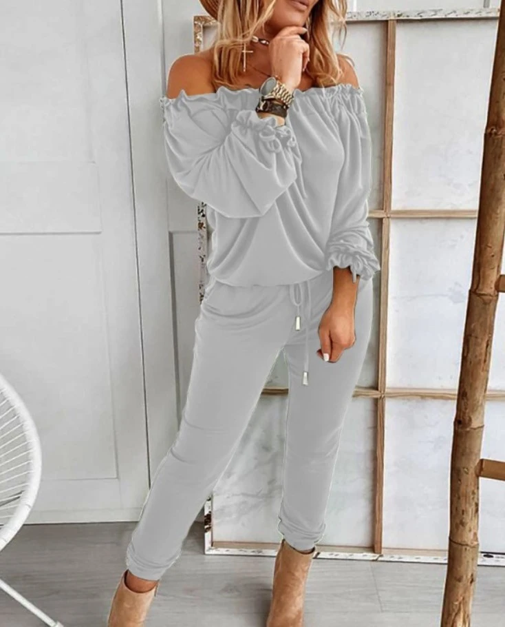 Solid Color Ruffled One-Shoulder Casual Trousers Suit