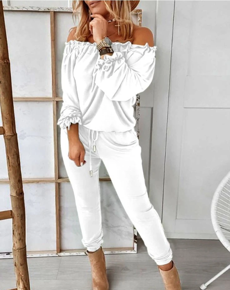 Solid Color Ruffled One-Shoulder Casual Trousers Suit