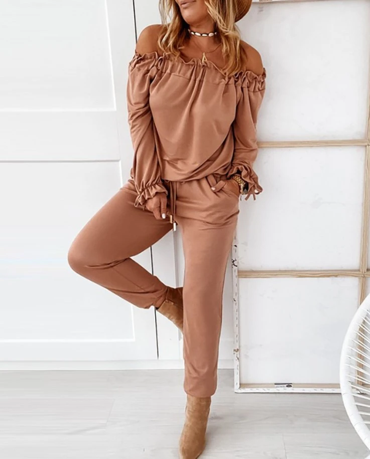 Solid Color Ruffled One-Shoulder Casual Trousers Suit