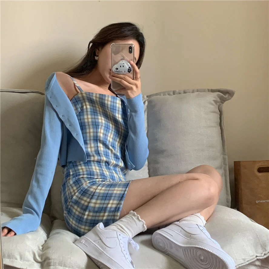 Small  Blue Plaid Suspender Dress  French Retro Slim A-Line Bag Hip Skirt