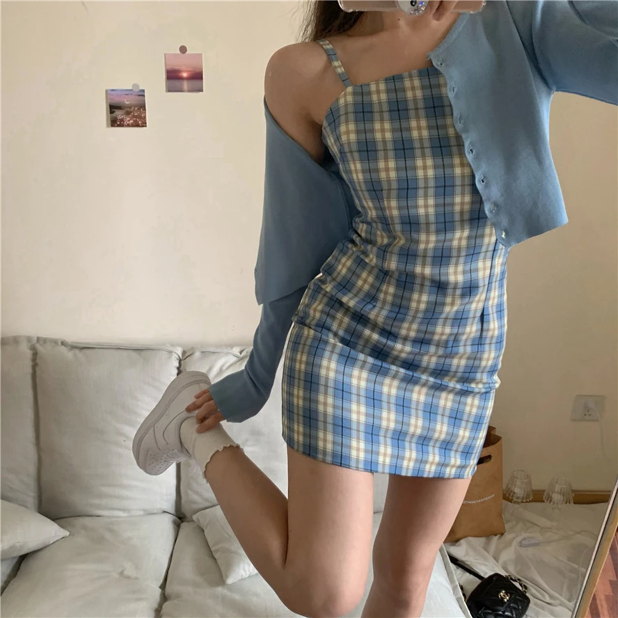Small  Blue Plaid Suspender Dress  French Retro Slim A-Line Bag Hip Skirt