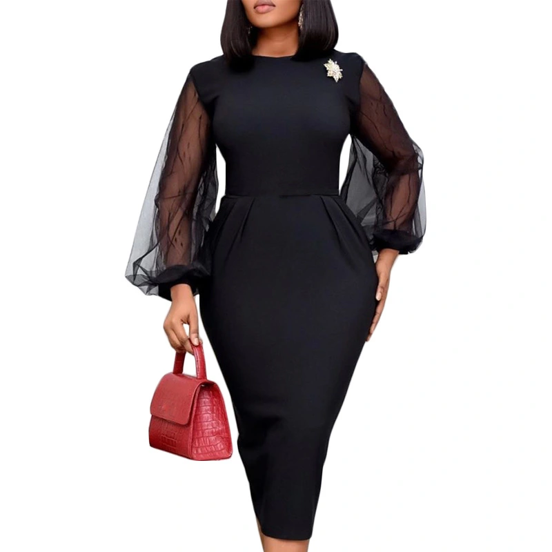Round Neck Sexy Stitching Mesh See-Through Bubble Long-Sleeved Slim High Waist Slim Plus Size Dress