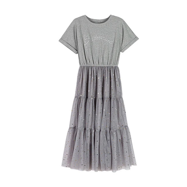 Dress Women'S A-Line Skirt Sequined Mesh Short Sleeve Skirt Loose Mid-Length Fairy Dress