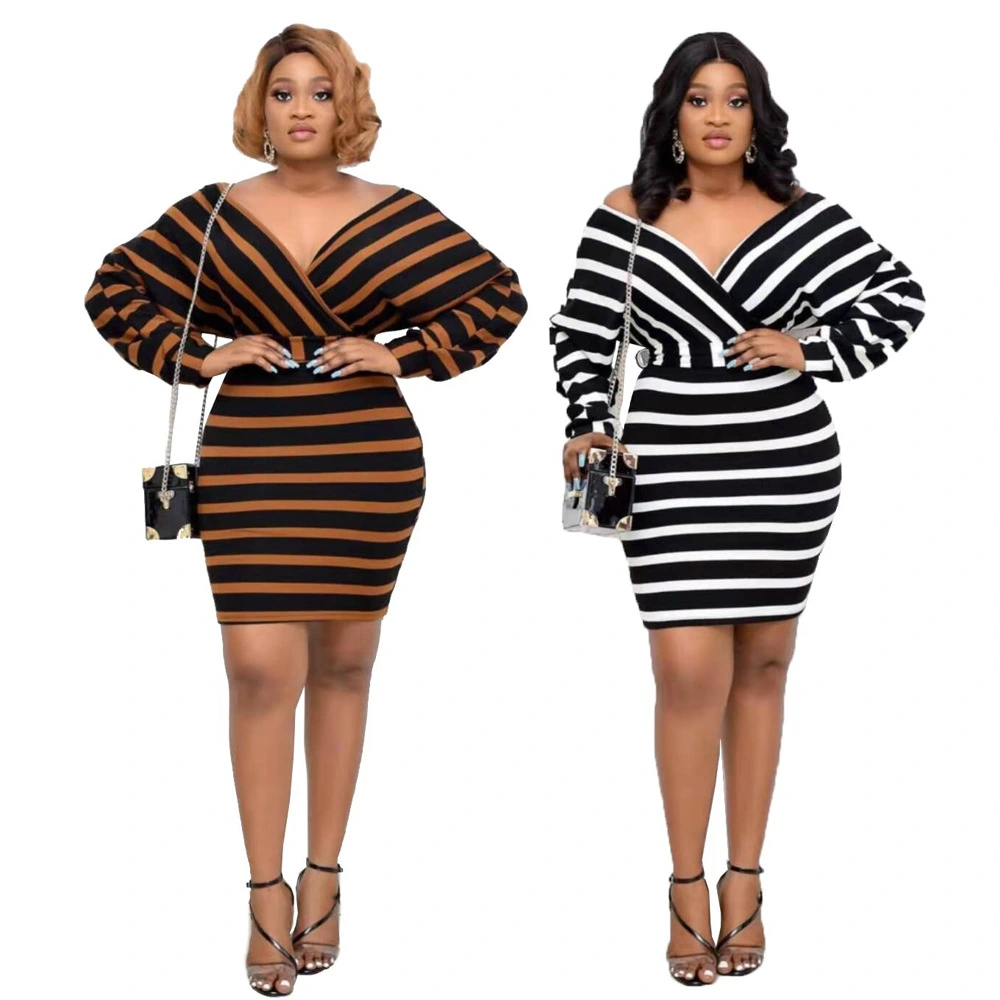 African Stripe Stitching Sexy V-Neck Bag Hip Dress Belt